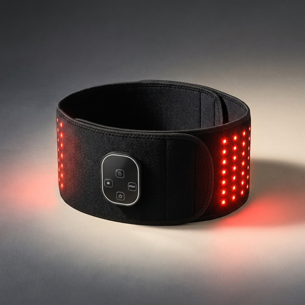 RKVER Pulse cordless red light recovery wrap, black neoprene band with red LED zones and control pod